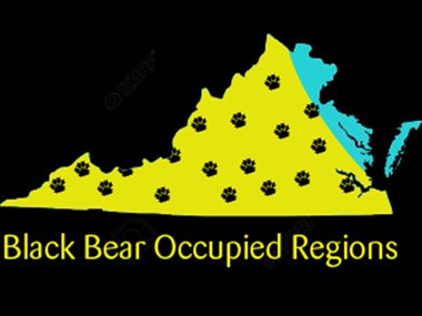 Decorative image of the State of Virginia. Black paw prints across the state indicate where Black Bears reside
