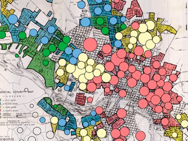 A map showing afternoon temperatures in neighborhoods in Richmond overlaid with former redlining ratings.