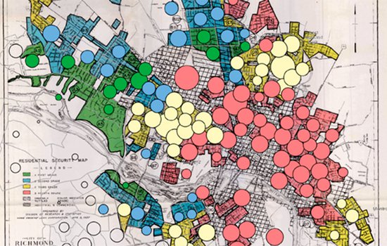 A map showing afternoon temperatures in neighborhoods in Richmond overlaid with former redlining ratings.