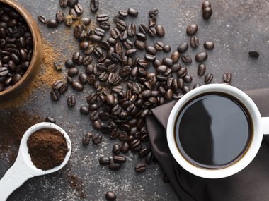 Image of Coffee, coffee beans, and coffee powder.