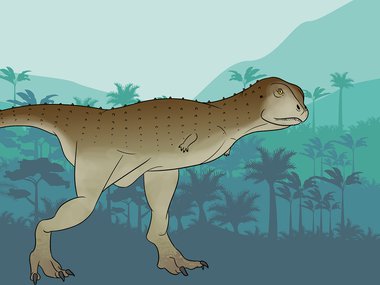 Cartoon looking drawing of dinosaur with short arms.