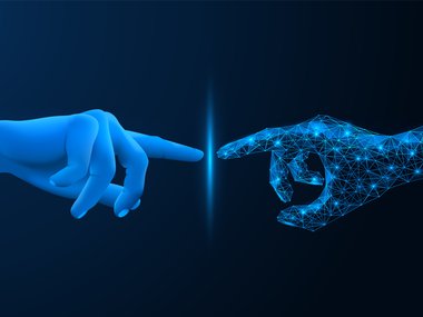 Two hands touching at the pointer finger, one in computer code and one human.
