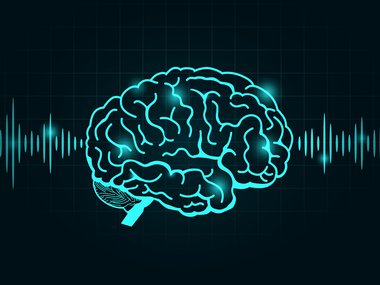 Black background with grenn-colored outline of a brain in the center. Sound waves are exiting the brain on both the right and left sides.