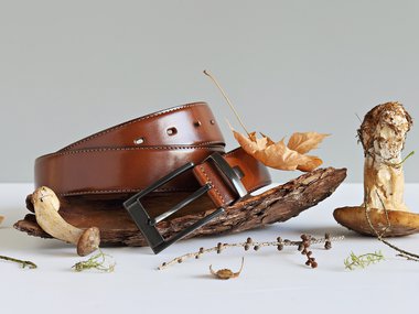 A photograph of a brown belt curled up with twigs, leaves and mushrooms placed on the surface around it.