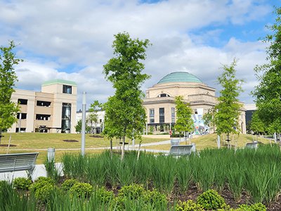 A photograph of the Science Museum's greenspace, The Green, featuring tress, grass, shrubs and the building in the background. The pants are a vivd green, the sky a bright blue.