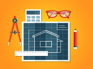 Ruler, pencil, building plans and glasses on an orange background.