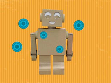 Smiling cardboard robot and screws on a yellow cardboard background for the Maker Challenge Cardboard Design in The Forge
