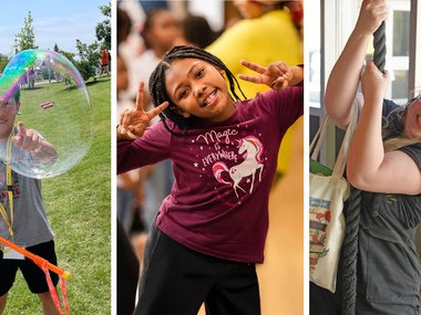 left,  a boy outdoors popping a bubble. middle, a girl smiling holding peace signs with both hands, right, a girl demonstrating all of her strength to pull a vertical rope