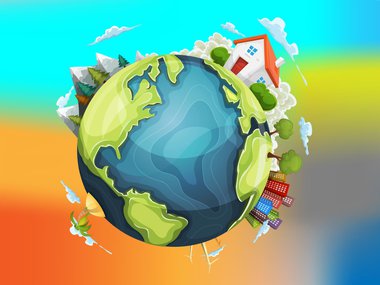 Illustration of the planet showing overemphasized mountains, houses, cities, islands and wind energy on a multicolor background.