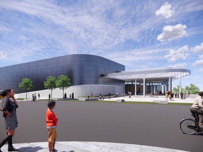 Rendering of what the outside of the Northern Virginia Science Center will look like. A sleek, modern building.