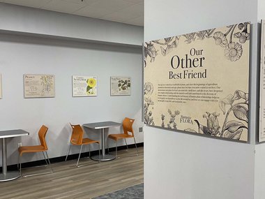 Cafe area with showcasing a piece from the Fantastic Flora art exhibition.