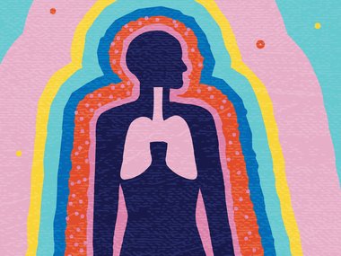 illustrated silhouette of a person against a colorful background of wavy aura lines in pink, orange,blue,aqua and yellow featuring a pink cutout shape of lungs in the chest.
