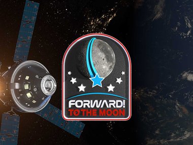 Forward to the Moon logo over top a view of space with Earth in the background