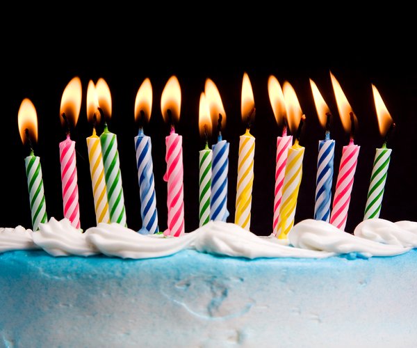 Decorative birthday cake with multi-colored lit candles