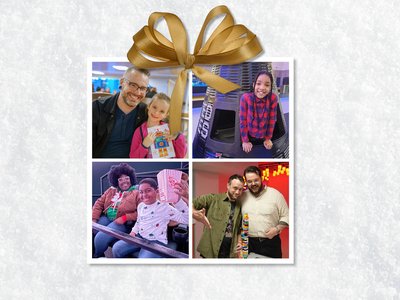 Photos of happy guests in a collage that looks like gift box.