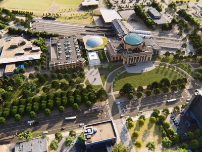 Rendering of what the Science Museum campus will look like when the green is complete.