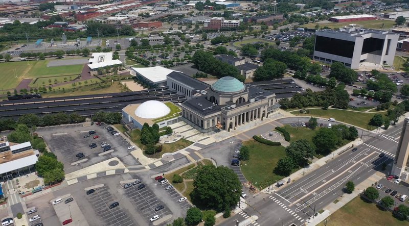 This aerial view shows the Museum&#x27;s campus before construction began on the Museum&#x27;s parking deck.