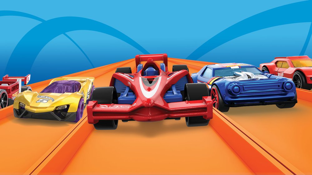 Hot Wheels art featuring a yellow, red, blue, and orange car preparing to race down an orange track