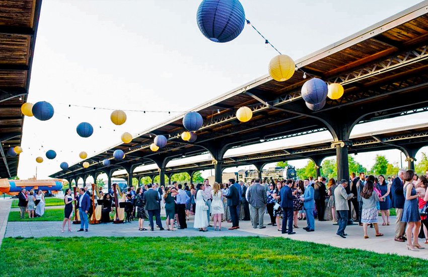 Image of a party with paper lanterns in the Garner Pavilion