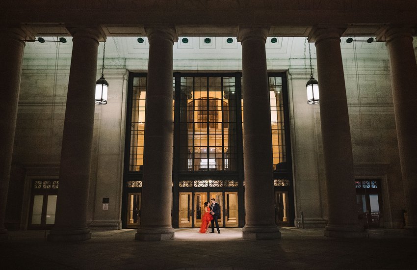 Image of wedding couple at night outside of the Science Museum by 2022 Wild-Heart-Co.jpg