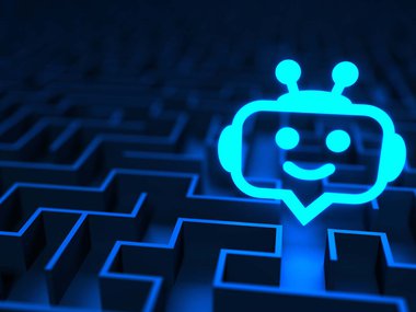 Image of a glowing robot hovering over a blue maze for the demonstration Intro to Robotics