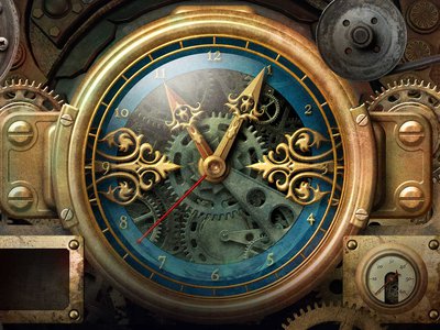 Image of brass gears, gauges and clock pieces in a steampunk style