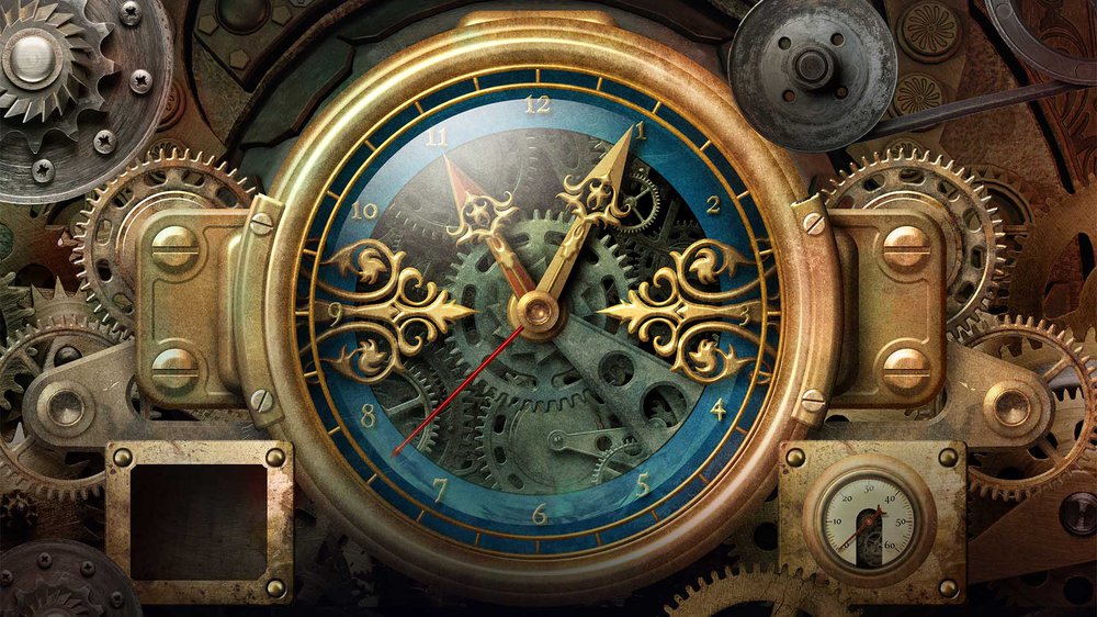 Image of brass gears, gauges and clock pieces in a steampunk style
