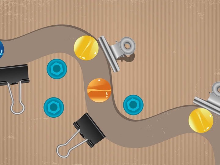 Illustration of marbles going through a cardboard chute using connectors and clips to make a marble run in The Forge