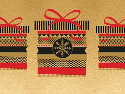 Gift package illustration with red and black ribbon with gold background