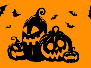 four smiling jack-o-lanterns graduating in size. Surrounded by bats flying over top.jpg