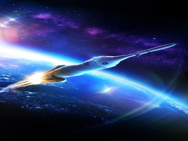 A depiction of a NASA rocket ship traveling away from Earths atmosphere into space