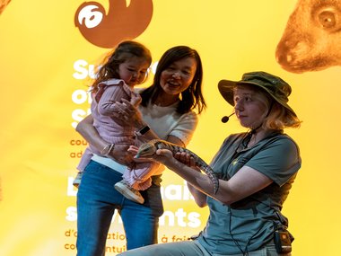 A educator shows a guest and parent a blue tongued lizard