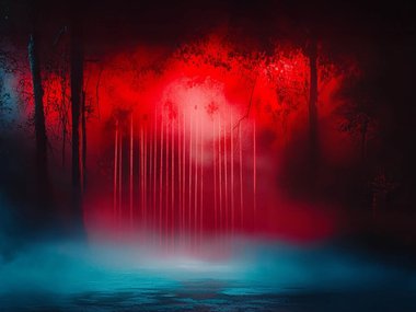 A forest scene at night illuminated by red light glowing through the trees contrasting with misty blue light along the dark ground.