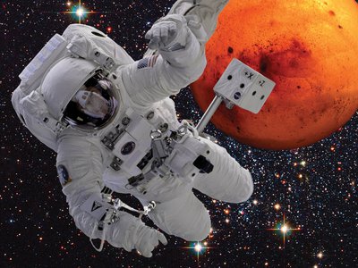 SPACE key art showing astronaut floating in space.