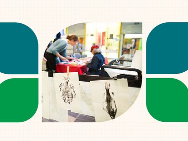 teal and green diamond shaped sit on the right and left side of a photograph of fish paintings