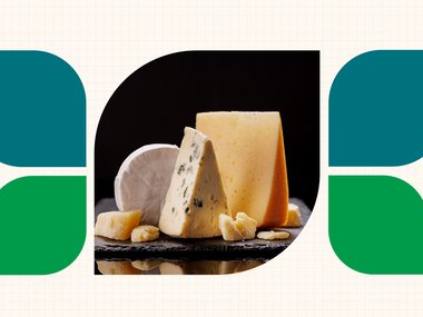 decorative blue and green rounded oval shapes with wedges of cheese