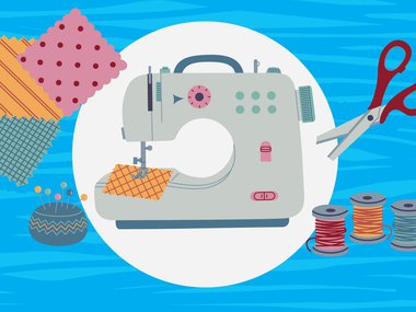 decorative illustration of sewing machine and sewing supplies