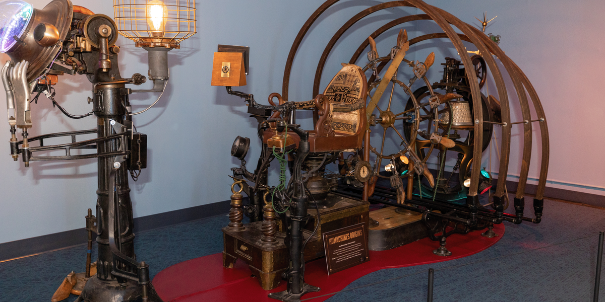 A photo of a art sculpture referred to as a Humachine from the Steam Punk touring exhibition