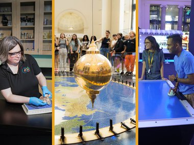 from left to right, Science Museum of VA educator demonstrating a heart dissection, middle image: guests standing around the Foucault Pendulum, right image: young lady standing by the robot hockey as she overlooks a young man playing .jpg