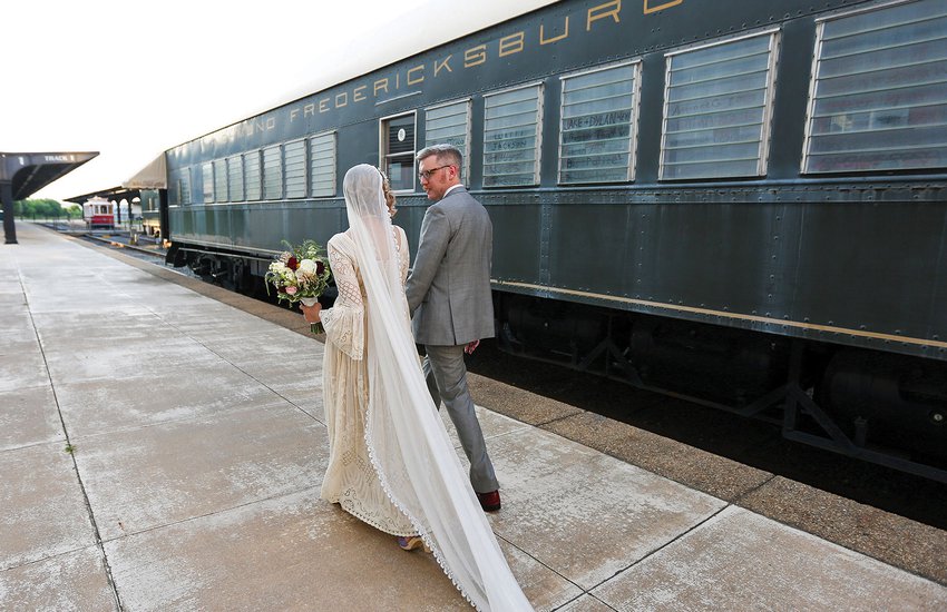 Wedding couple by RF&P train by Amanda Maglione Photography
