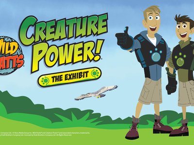 Illustrated Creature Power The Exhibit logo with the Kratt brothers holding a thumbs up and standing in grass