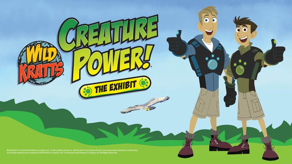 Illustrated Creature Power The Exhibit logo with the Kratt brothers holding a thumbs up and standing in grass
