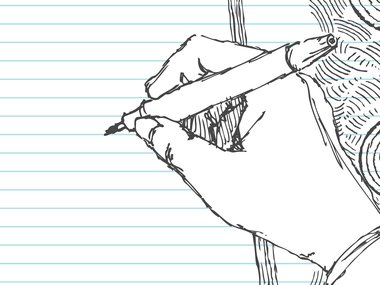 Illustration of a hand writing on lined paper with a pen and different swirls and lines surrounding the hand