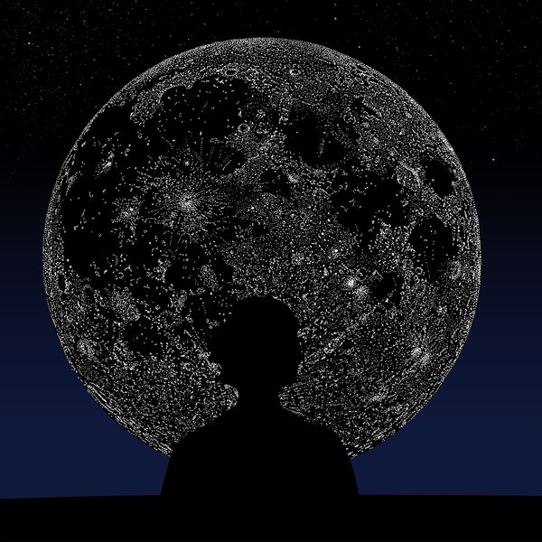 A person's silhouette in front of the moon.