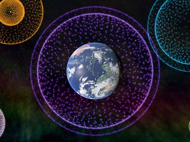 Black background with planets throughout surrounded by different spheres of color for the Living Worlds Planetarium show.