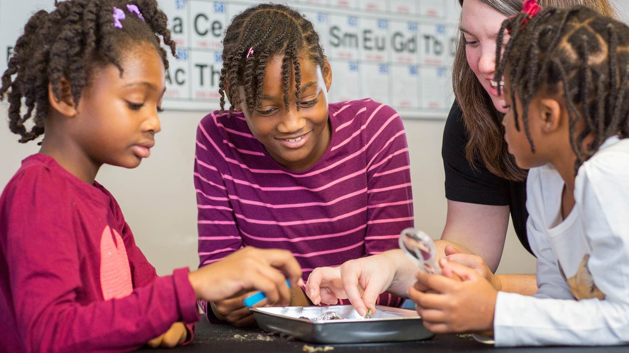Children examining owl pellets with a team member.