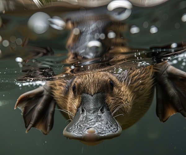 front facing view of a platypus swimming underwater.