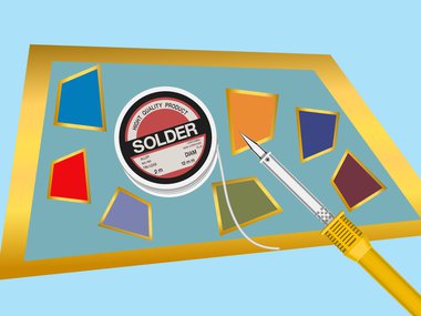 Illustration of stained glass and a solder, the solder tool is pointing at an orange piece of glass