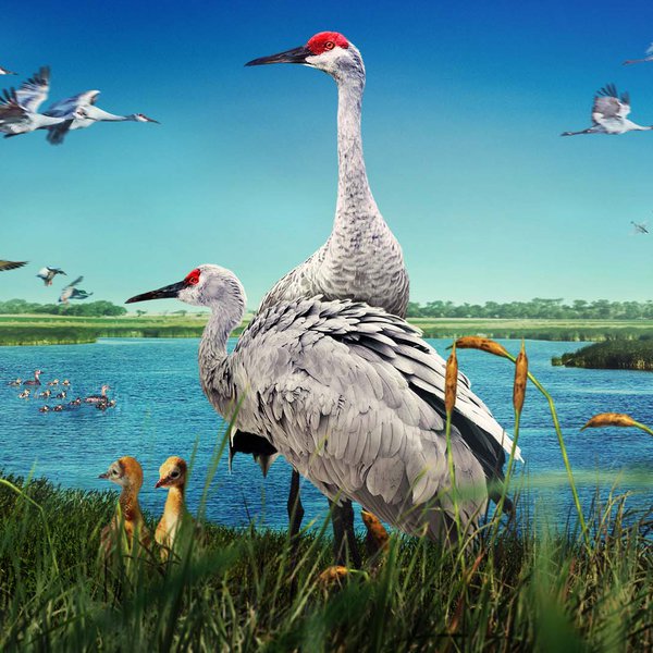 wings over water film image featuring two sandhill cranes near a wetland .jpg